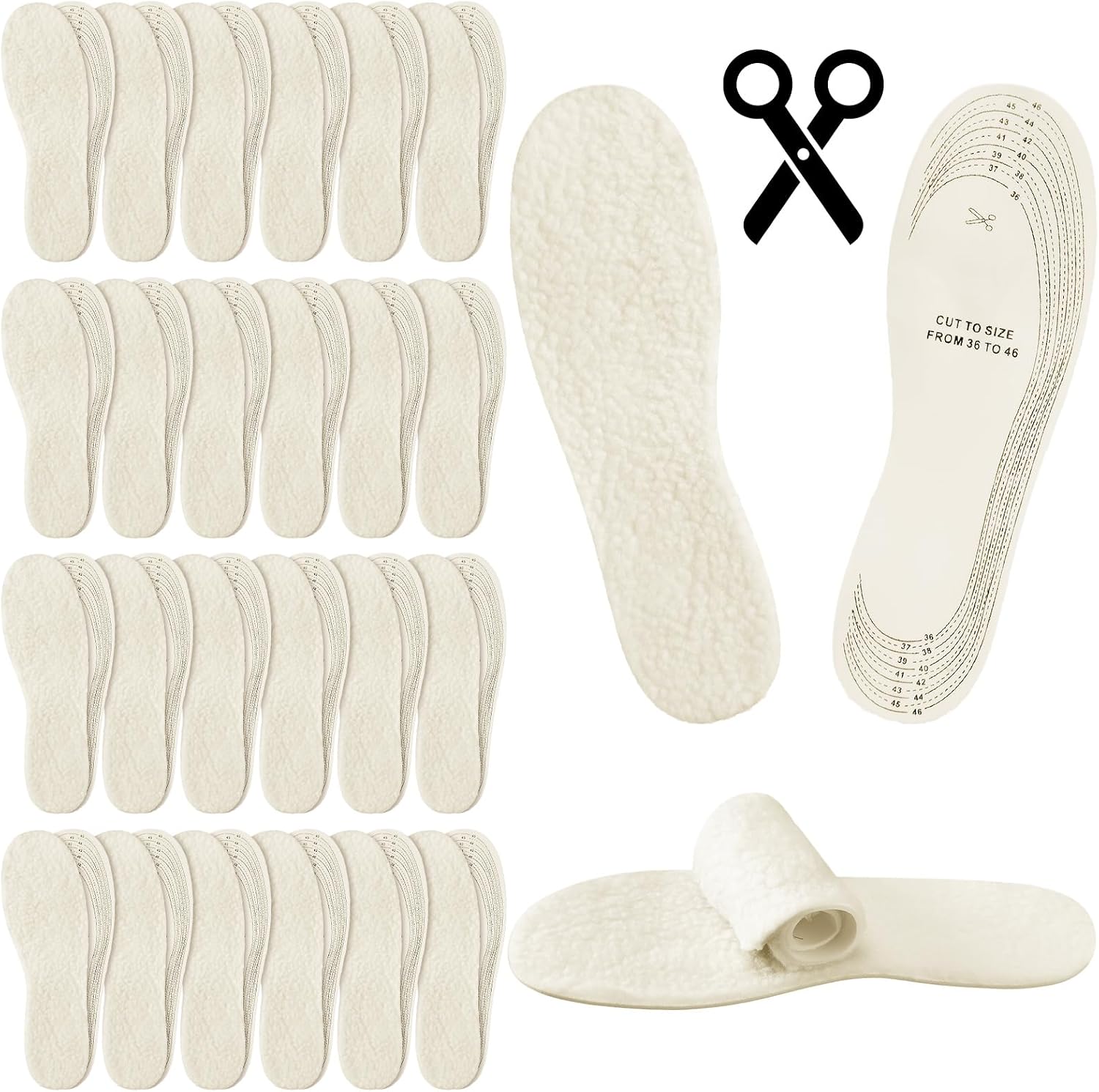 Janmercy 24 Pairs Unisex Wool Fleece Insoles Trim to Fit Winter Warm Fuzzy Boot Shoe Inserts Soft Cushioned Replacement Liners for Sneakers Boots Slippers Fits Adult Us Women's 5 to 12 /Men's 4 to 12