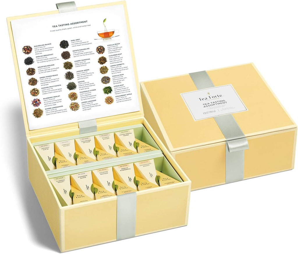 Tea Forte Organic Assorted Variety Tea Sampler, Tea Tasting Tea Chest Gift Box with 40 Handcrafted Pyramid Tea Infuser Bags, Black Tea, Herbal Tea, Oolong Tea, Green Tea, White Tea
