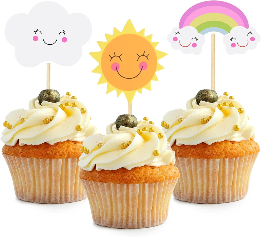 Sun Rainbow Cloud Cupcake Toppers, 36Pcs Sun Smiley Sunshine Theme Cake Decoration for Birthday Baby Shower Theme Party Decorations…