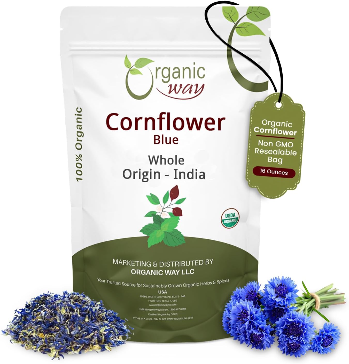 Organic Way Premium Cornflower Blue Whole (Centaurea Cyanus) - Herbal Tea | European Wild-Harvest | USDA & Kosher Certified | Vegan, Non GMO & Gluten Free | Origin - Albania (16 Oz)