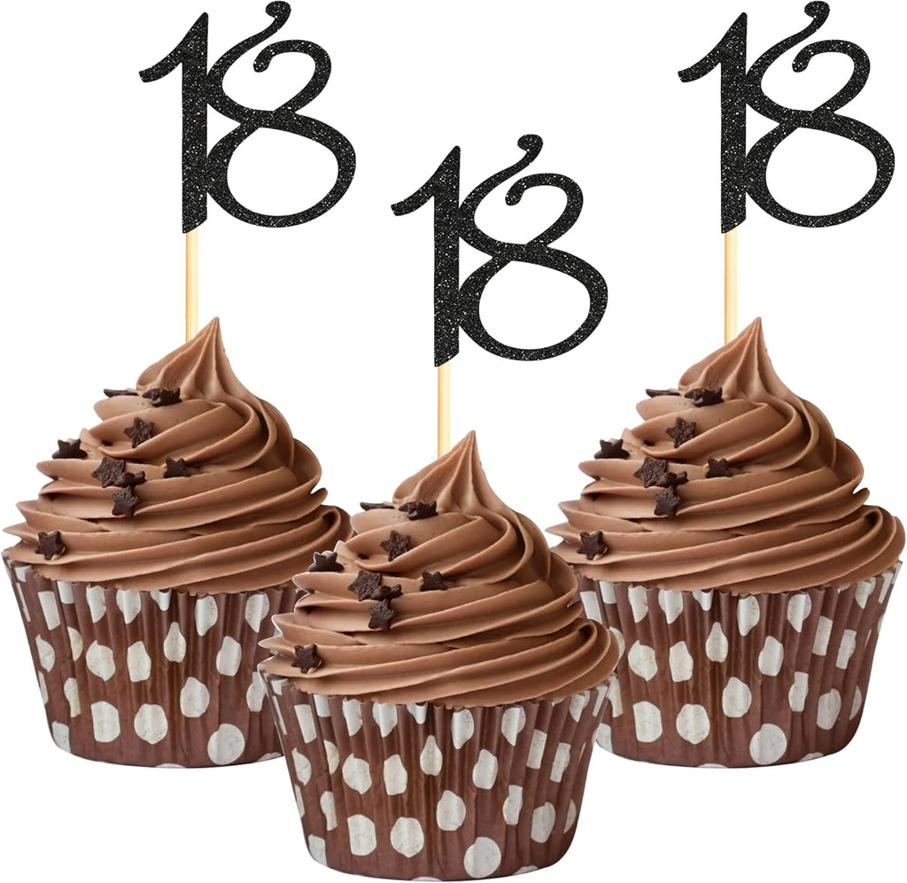 Sumerk 24PCS 18 Cupcake toppers Black Glitter 18th Birthday Cupcake Picks Anniversary Party Decorations