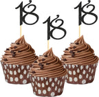 Sumerk 24PCS 18 Cupcake toppers Black Glitter 18th Birthday Cupcake Picks Anniversary Party Decorations