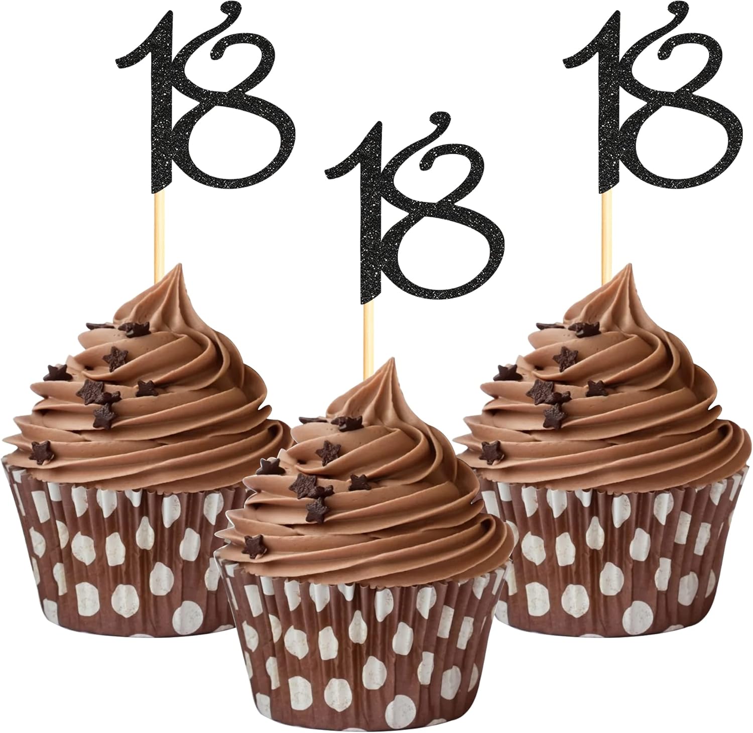 Sumerk 24PCS 18 Cupcake toppers Black Glitter 18th Birthday Cupcake Picks Anniversary Party Decorations