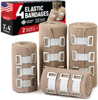 Premium Elastic Bandage Wrap - 4pk (2x3in, 2x4in) + 12 Extra Clips - Strong Compression Bandage Wrap for Leg, Arm, Wrists, Elbow, Ankles, Feet and Knees - for First Aid Kit and After Surgery Recovery
