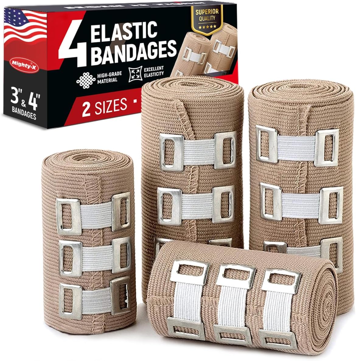 Premium Elastic Bandage Wrap - 4pk (2x3in, 2x4in) + 12 Extra Clips - Strong Compression Bandage Wrap for Leg, Arm, Wrists, Elbow, Ankles, Feet and Knees - for First Aid Kit and After Surgery Recovery
