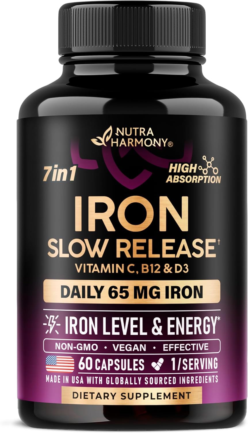 Iron Supplement for Women - Iron 65mg (Ferrous Sulfate 325mg) - Stomach Friendly | Slow Release Iron | High Absorption - Vitamins C, D3, B6, B12 & Folate - Iron Level & Energy Support - 60 Capsules