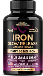 Iron Supplement for Women - Iron 65mg (Ferrous Sulfate 325mg) - Stomach Friendly | Slow Release Iron | High Absorption - Vitamins C, D3, B6, B12 & Folate - Iron Level & Energy Support - 60 Capsules