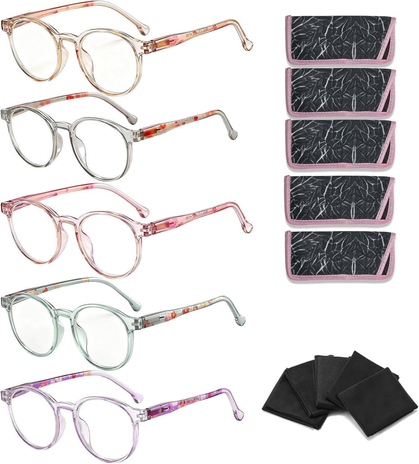 Suertree Women Reading Glasses Round PC Eyewear 5 Pack Blue Light Computer Fashion Readers for Men with Spring Hinge 1.0x