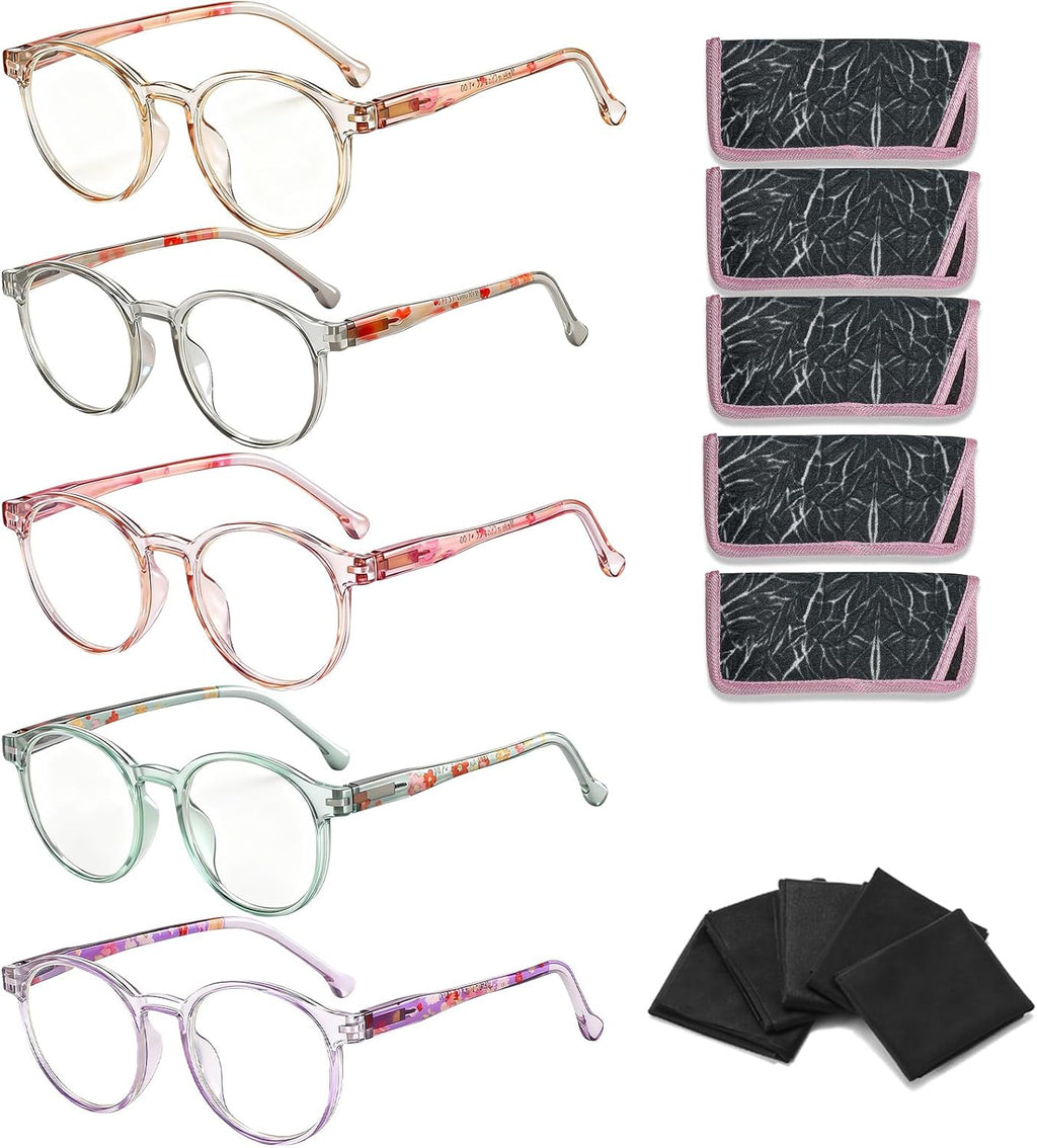 5-Pack Reading Glasses for Women Men, 2.0 Blue Light Blocking Computer Glasses with Spring Hinge, Round Fashion Readers with Case and Cleaning Cloth