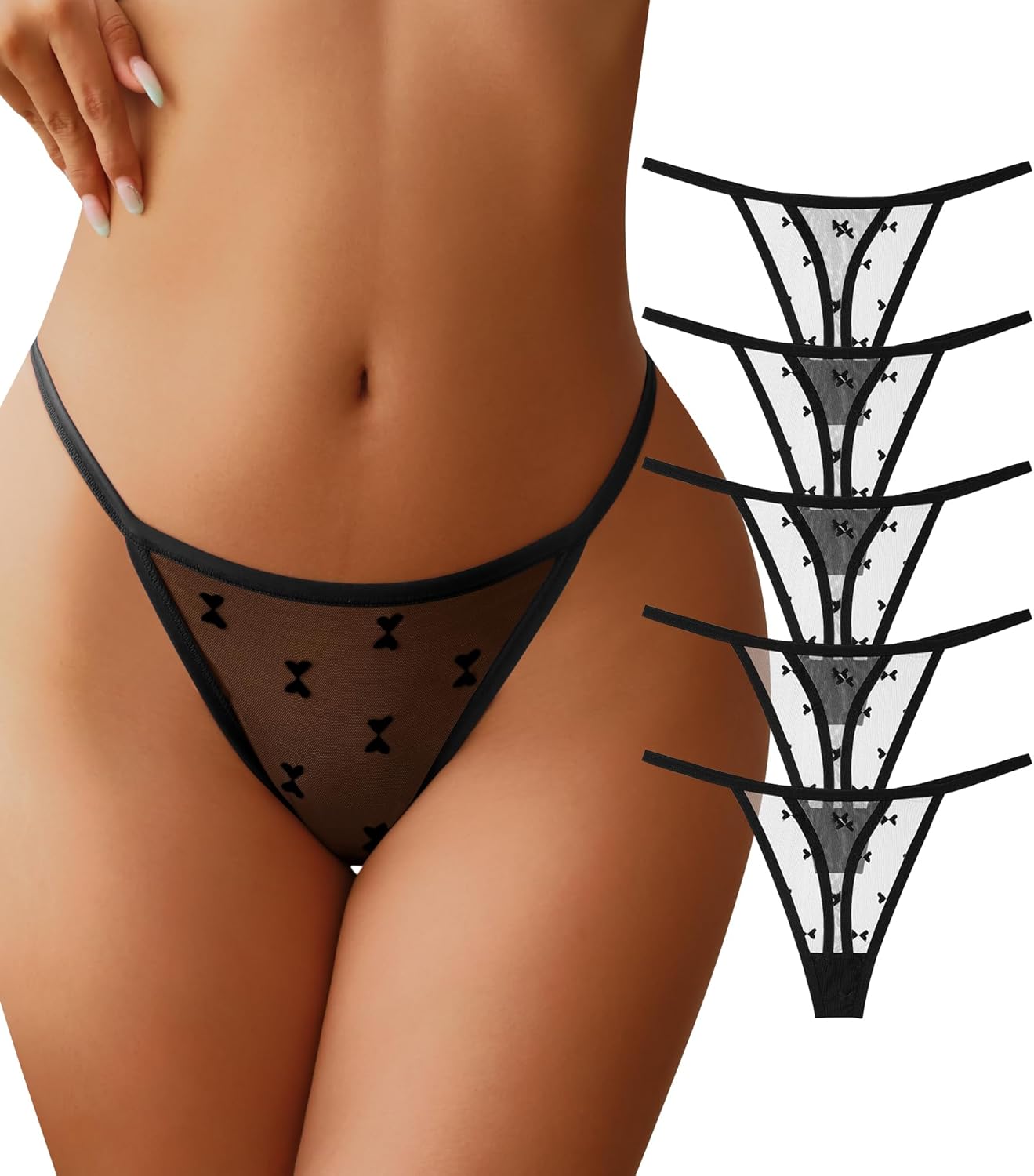 J-pone G-String Thongs for Women T-back Lace Hollow Out Low Waist Thongs Breathable Cheeky Sexy Underwear Panties 5Pack