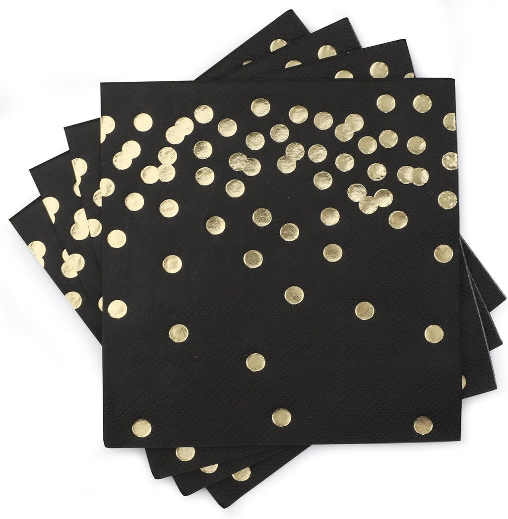 80 Pack of White Paper Cocktail Napkins with Gold Foil Polka Dot Confetti，Polka Dot Party Supplies(5 x 5 in，3-ply) (Black)