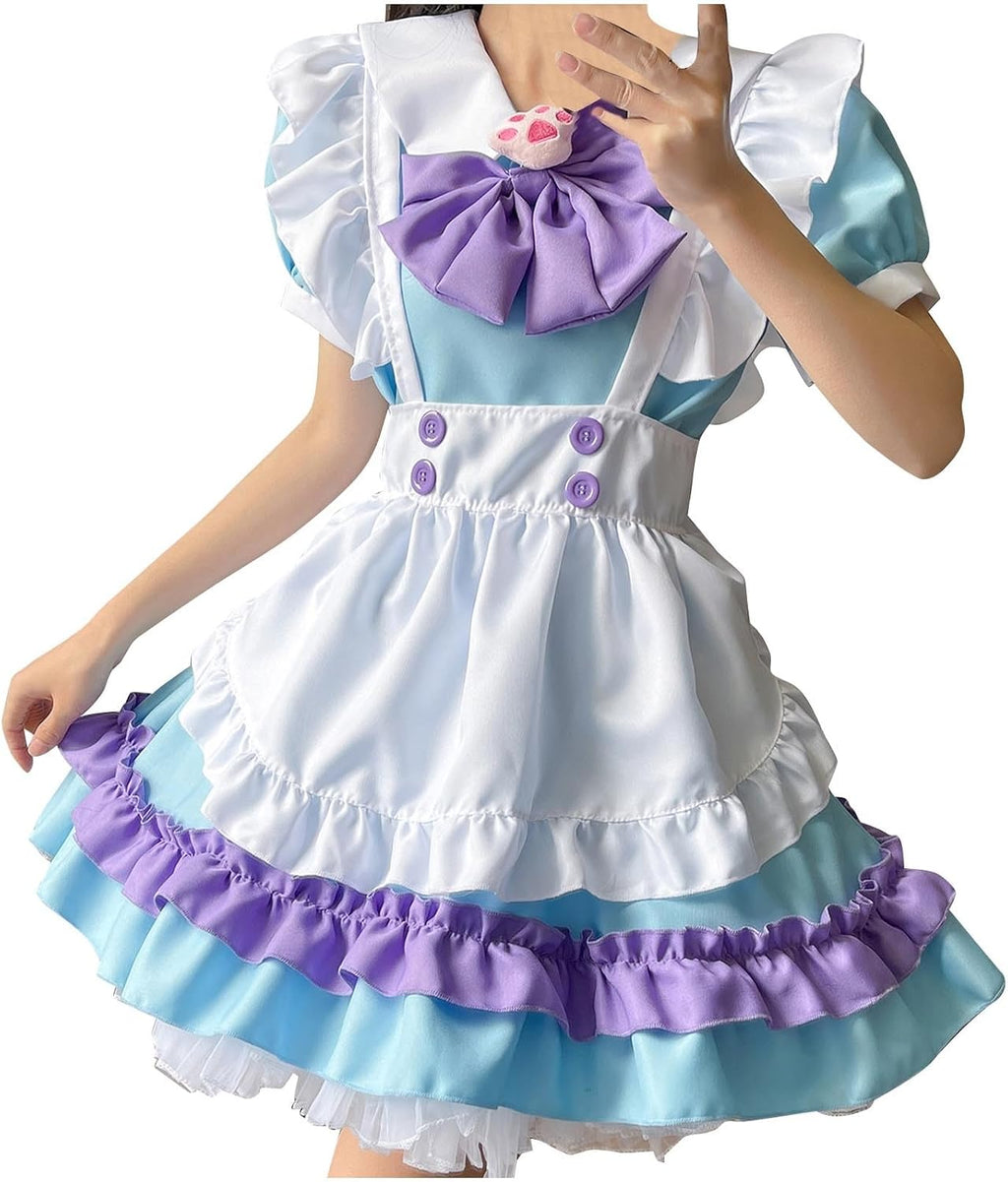 Women Dress Cute Japanese Cosplay Bow Tie Ruffle Fancy Sweet Maid Lolita Dressess with Socks Bustle Costume
