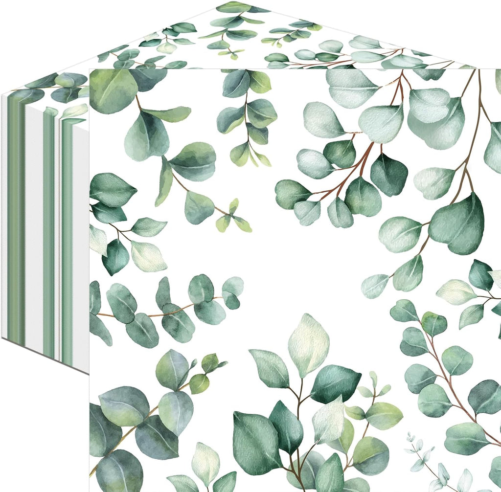 50 Count Eucalyptus Leaf Paper Napkins, Disposable Greenery Green Leaves Cocktail Napkins for Birthday, Baby Shower, Bridal, Wedding, Garden Tea Party, and Picnic Table Decorations