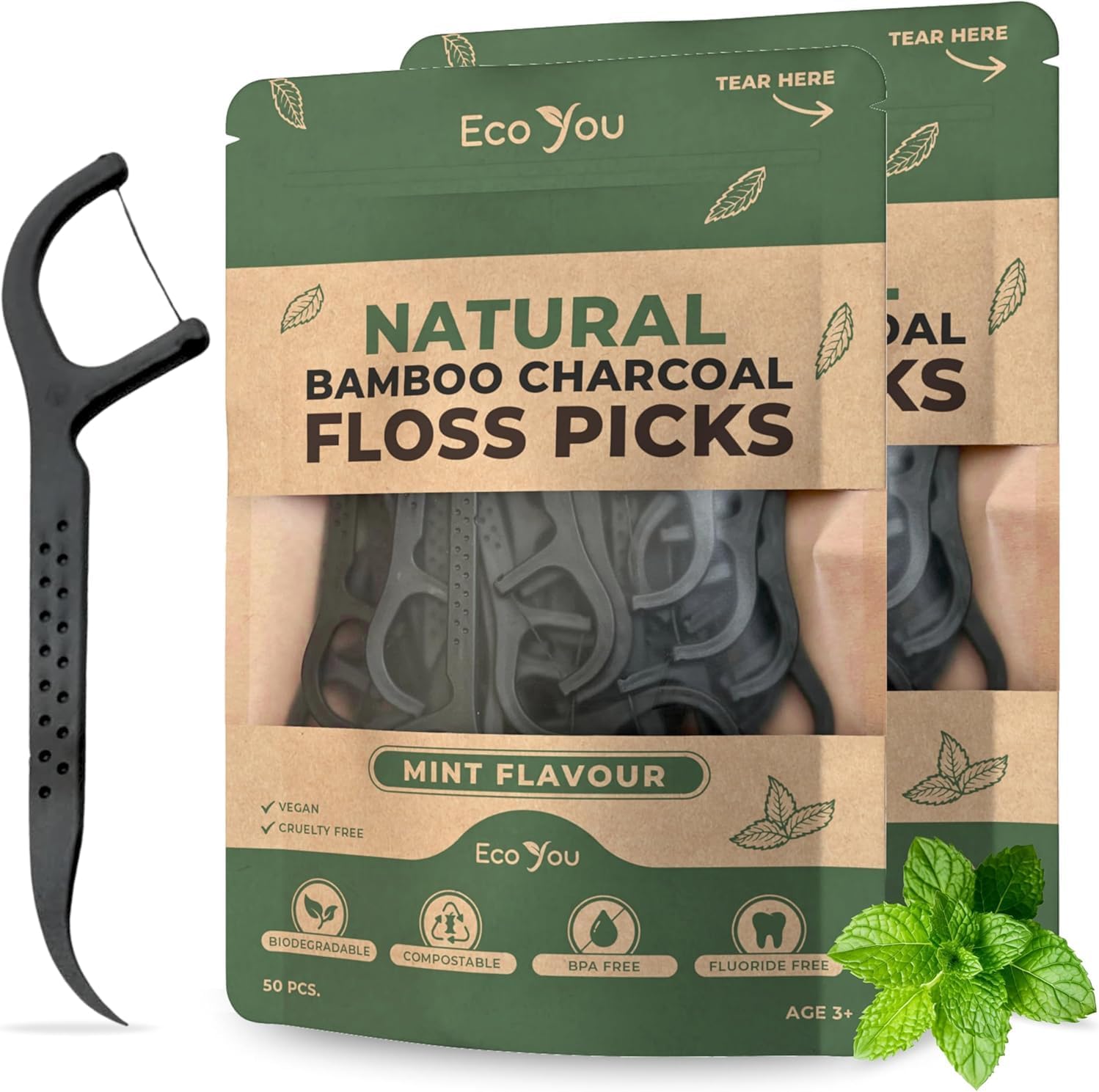 Biodegradable Floss Picks | 100 Count (2 Pack) | Mint Flavor, Candelilla Wax | Sustainable & Reusable | Vegan & Cruelty-Free | Bamboo Floss Picks, Bamboo Toothpicks