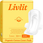 Livlit Large Size Ultra Thin Sanitary Pads, 100% Organic Cotton from Texas, Powerful Leak Protection, Unscented, Chlorine Free and Absorbency of Feminine Periods, Pads for Women (32 Count)