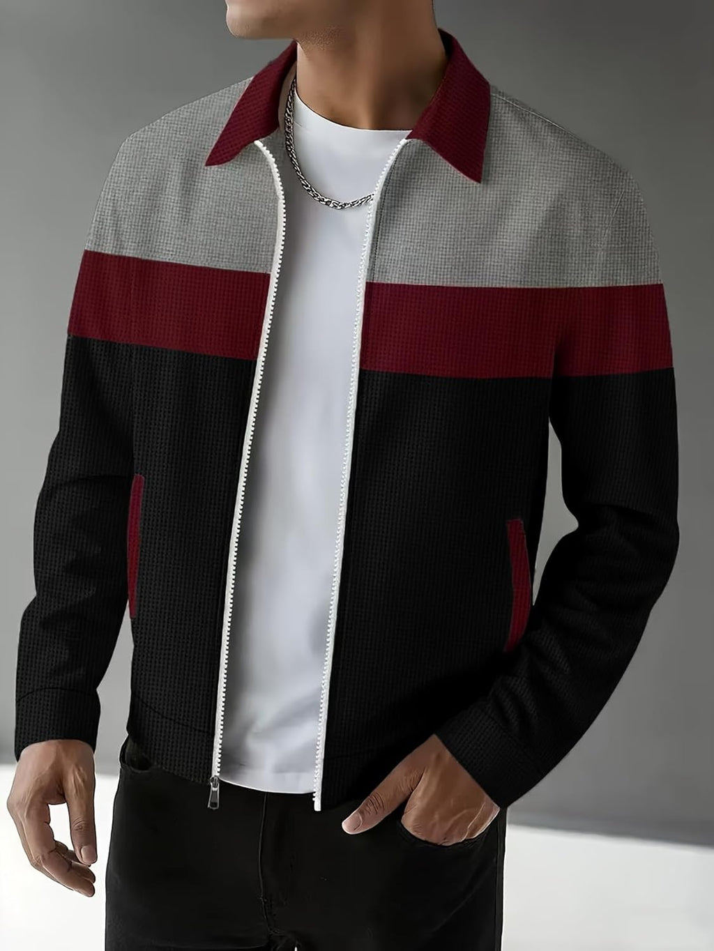 Men’s Casual Colorblock Jacket, Lightweight Waffle Fabric with Full Zip, Durable Outerwear with Pockets, Lapel Collar