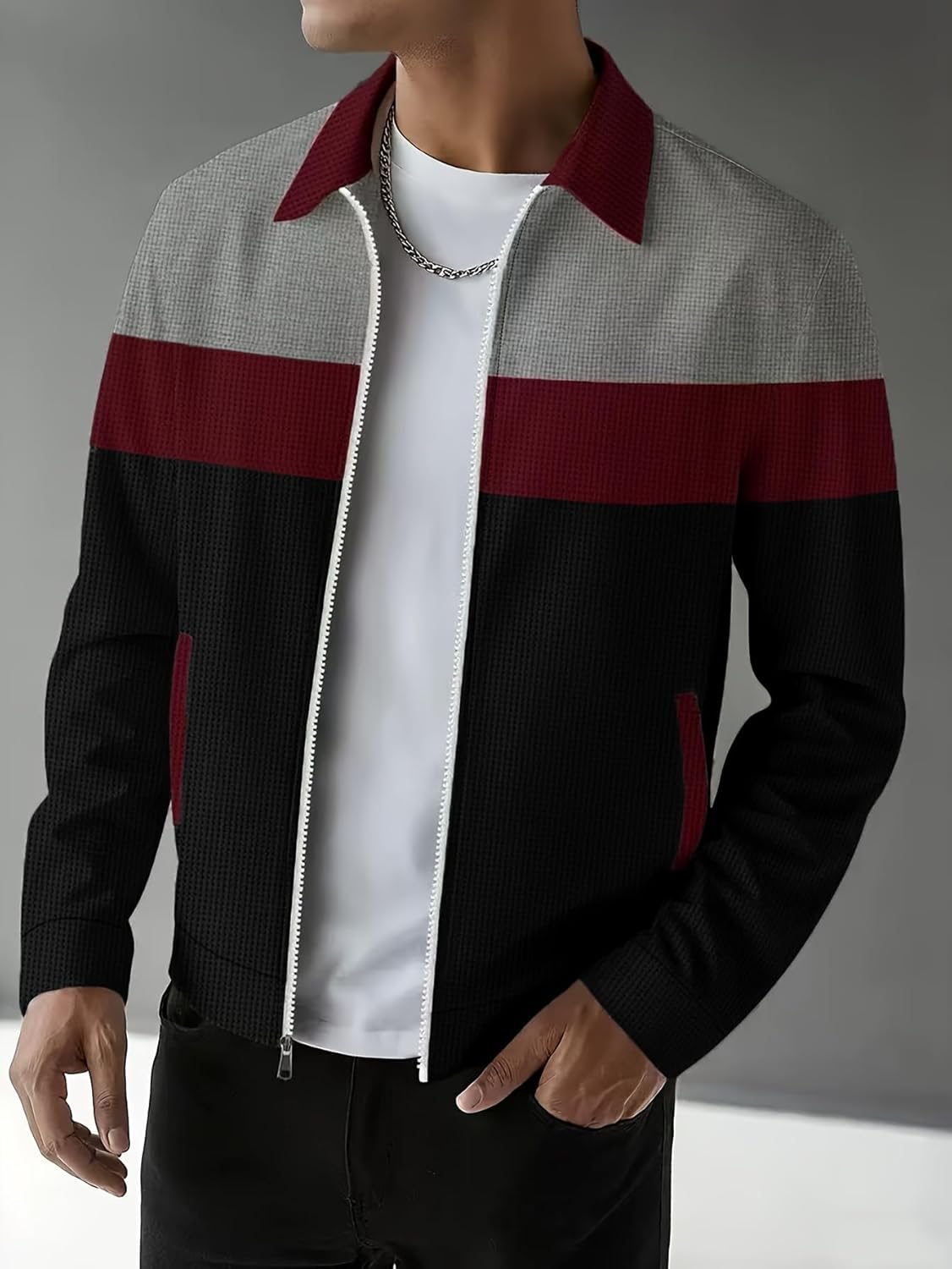 Men’s Casual Colorblock Jacket, Lightweight Waffle Fabric with Full Zip, Durable Outerwear with Pockets, Lapel Collar
