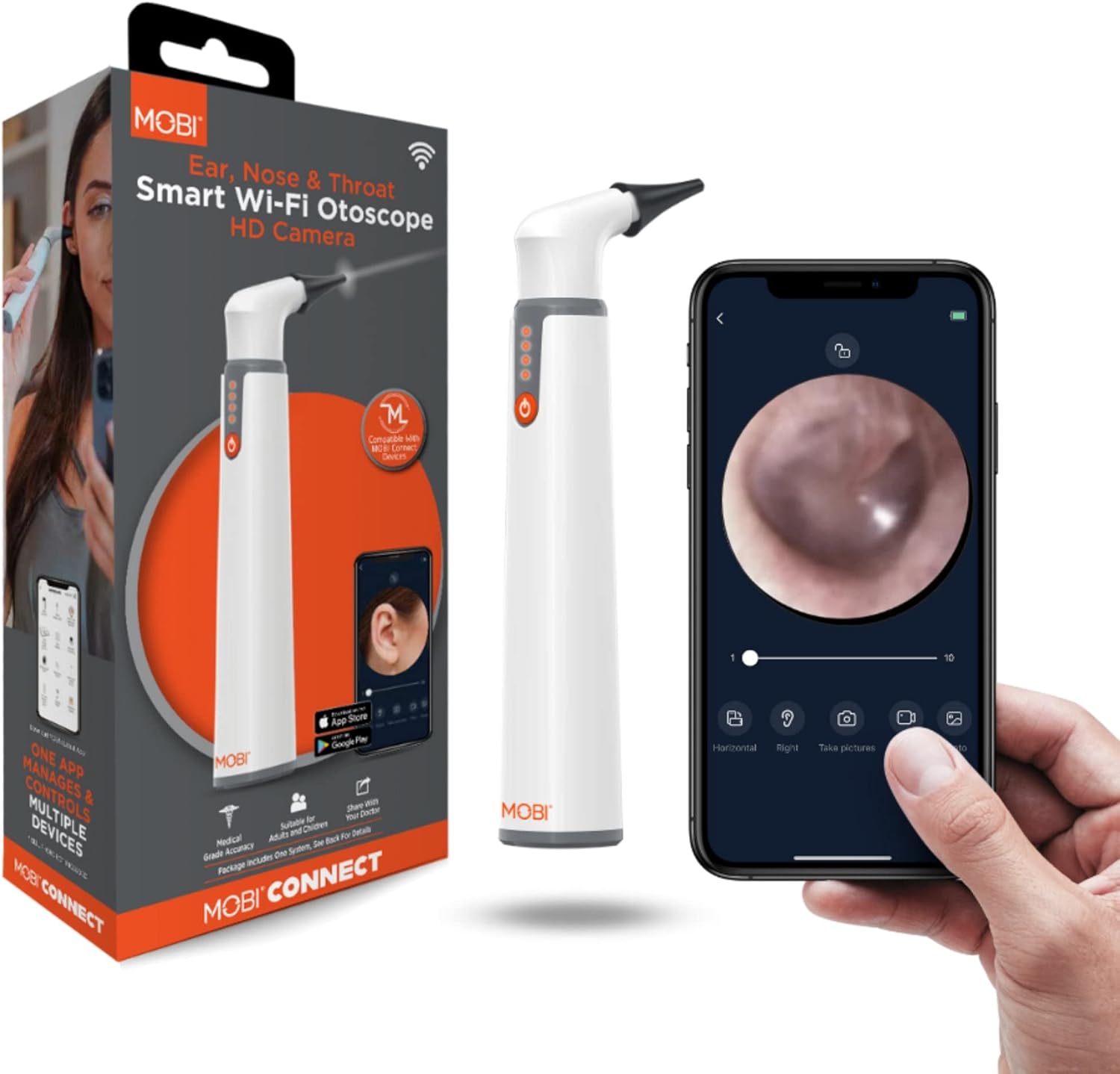 MOBI Connect Wi-Fi Otoscope for Ears, Nose & Throat - 1080P HD Lens, Multi-Axis Gyroscope, 6 LED Lights, 90+ Min Use, 3 Ear Speculum, Suitable for Adults & Children