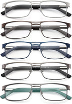 Metal Reading Glasses For Men, Blue Light Blocking Computer Readers Full Rim Rectangle Eyeglasses Spring Hinge, 5 Pack: Black/Brown/Blue/Green/Silver, +1.75