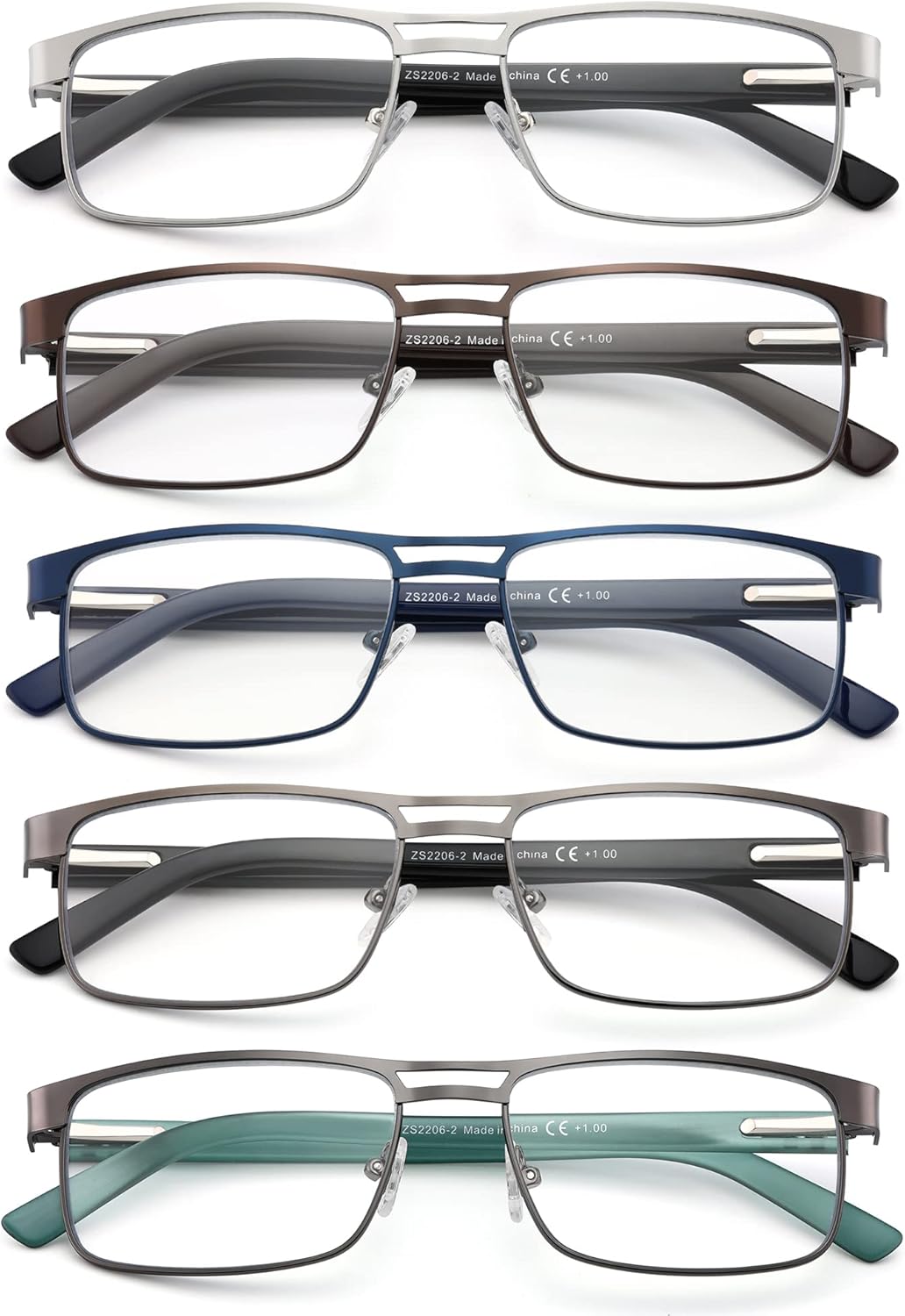 Metal Reading Glasses For Men, Blue Light Blocking Computer Readers Full Rim Rectangle Eyeglasses Spring Hinge, 5 Pack: Black/Brown/Blue/Green/Silver, +1.75