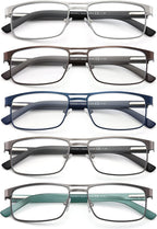 Metal Reading Glasses For Men, Blue Light Blocking Computer Readers Full Rim Rectangle Eyeglasses Spring Hinge, 5 Pack: Black/Brown/Blue/Green/Silver, +2.00