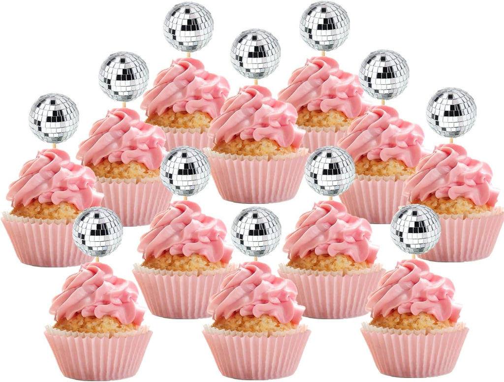 JOERSH 24pcs Disco Ball Cupcake Toppers - 1970s Disco Ball Picks Disco Theme Cake Decorations for Disco Theme Party 70s Disco Party Favor (Silver)