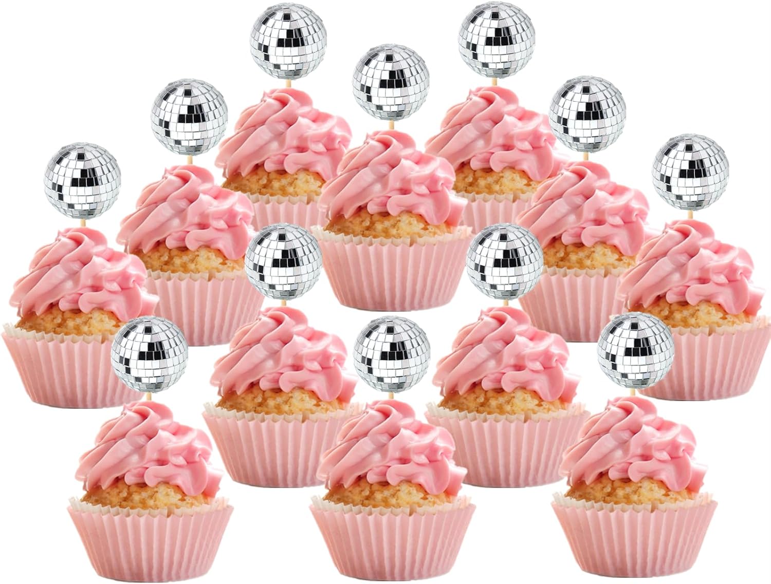 JOERSH 24pcs Disco Ball Cupcake Toppers - 1970s Disco Ball Picks Disco Theme Cake Decorations for Disco Theme Party 70s Disco Party Favor (Silver)
