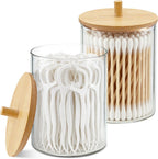 Glass Qtip Holder Dispenser Set - 10oz Cotton Swab Holder with Bamboo Lids, Bathroom Canisters Apothecary Jar Vanity Storage Organizer for Cotton Balls Pads, Floss Picks (2 Pack)