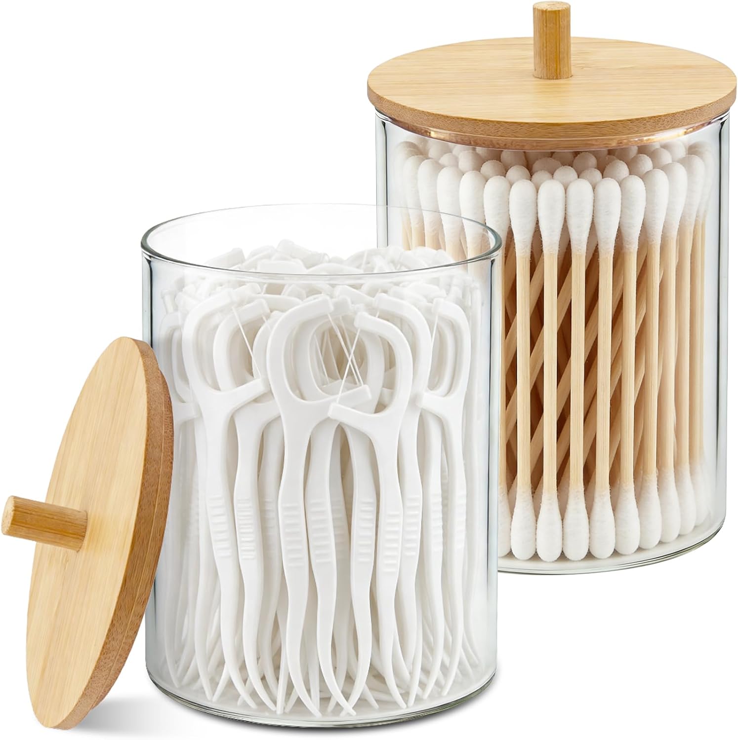 Glass Qtip Holder Dispenser Set - 10oz Cotton Swab Holder with Bamboo Lids, Bathroom Canisters Apothecary Jar Vanity Storage Organizer for Cotton Balls Pads, Floss Picks (2 Pack)