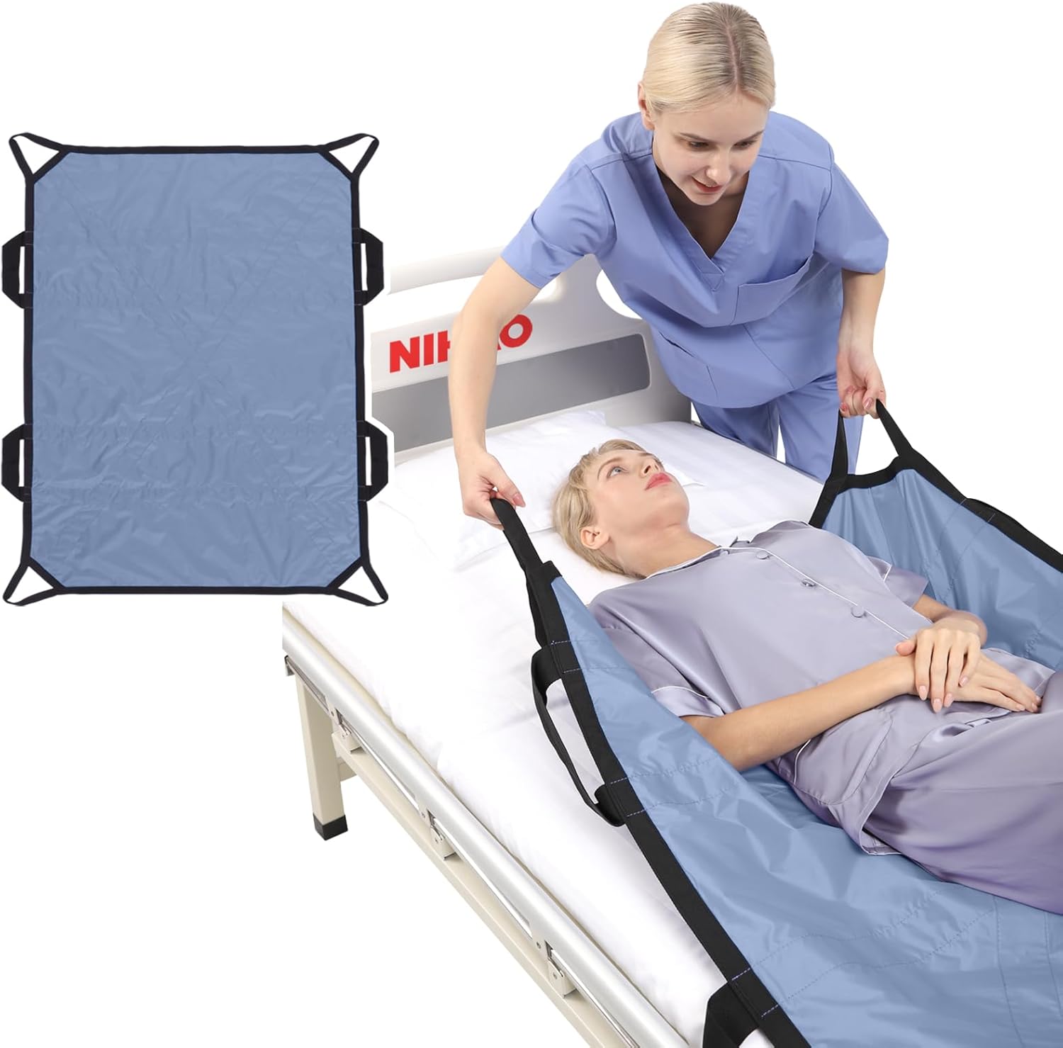 NIHAO Draw Sheet with Handles Positioning Bed Pad Washable 45" x 36" Multipurpose Patented Patient Transfer Sheet for Bedridden Lifting Turning Sliding, Blue Gray