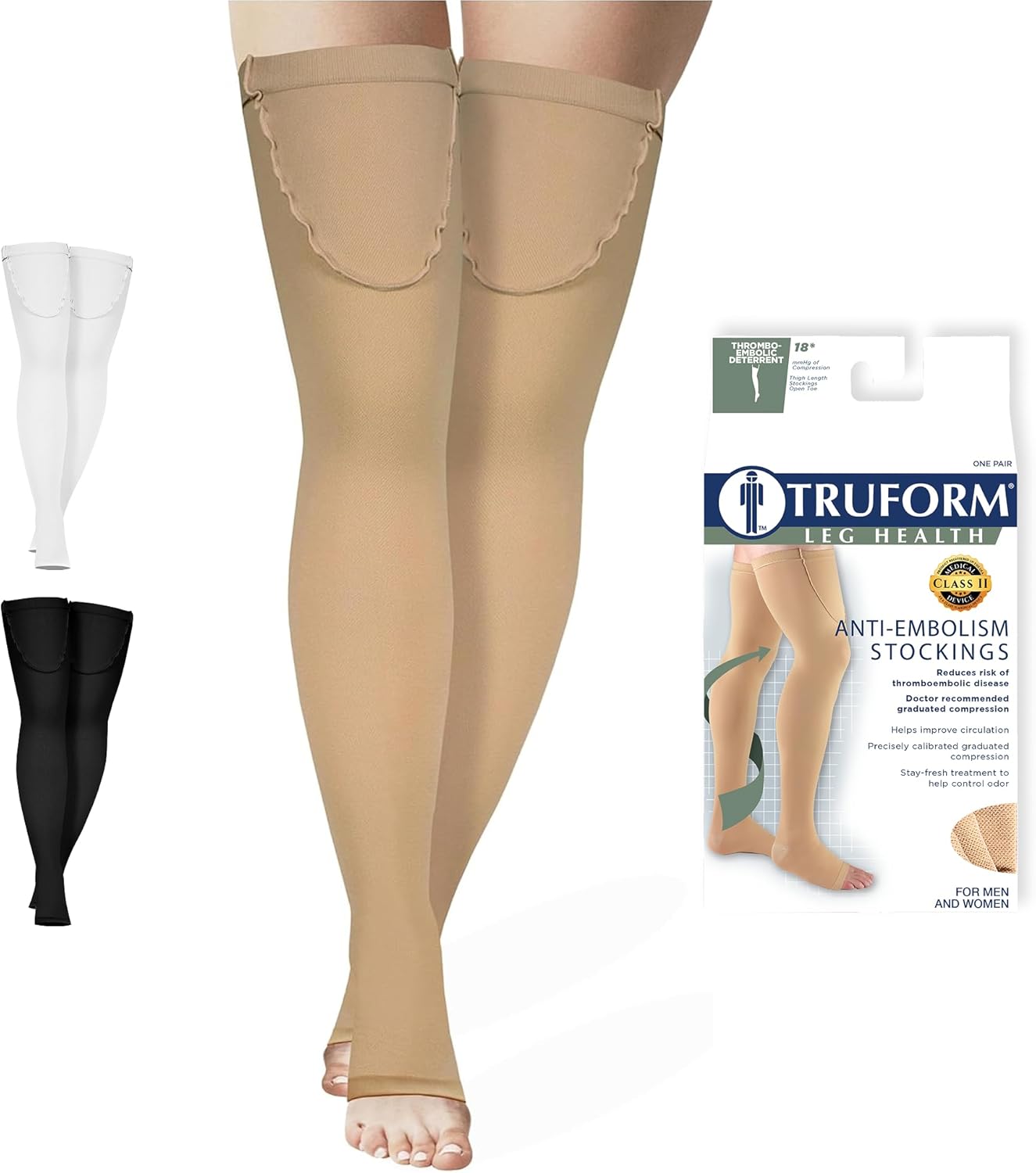 Truform Surgical Stockings, 18 mmHg Compression for Men and Women, Thigh High Length, Open Toe, Beige, Large