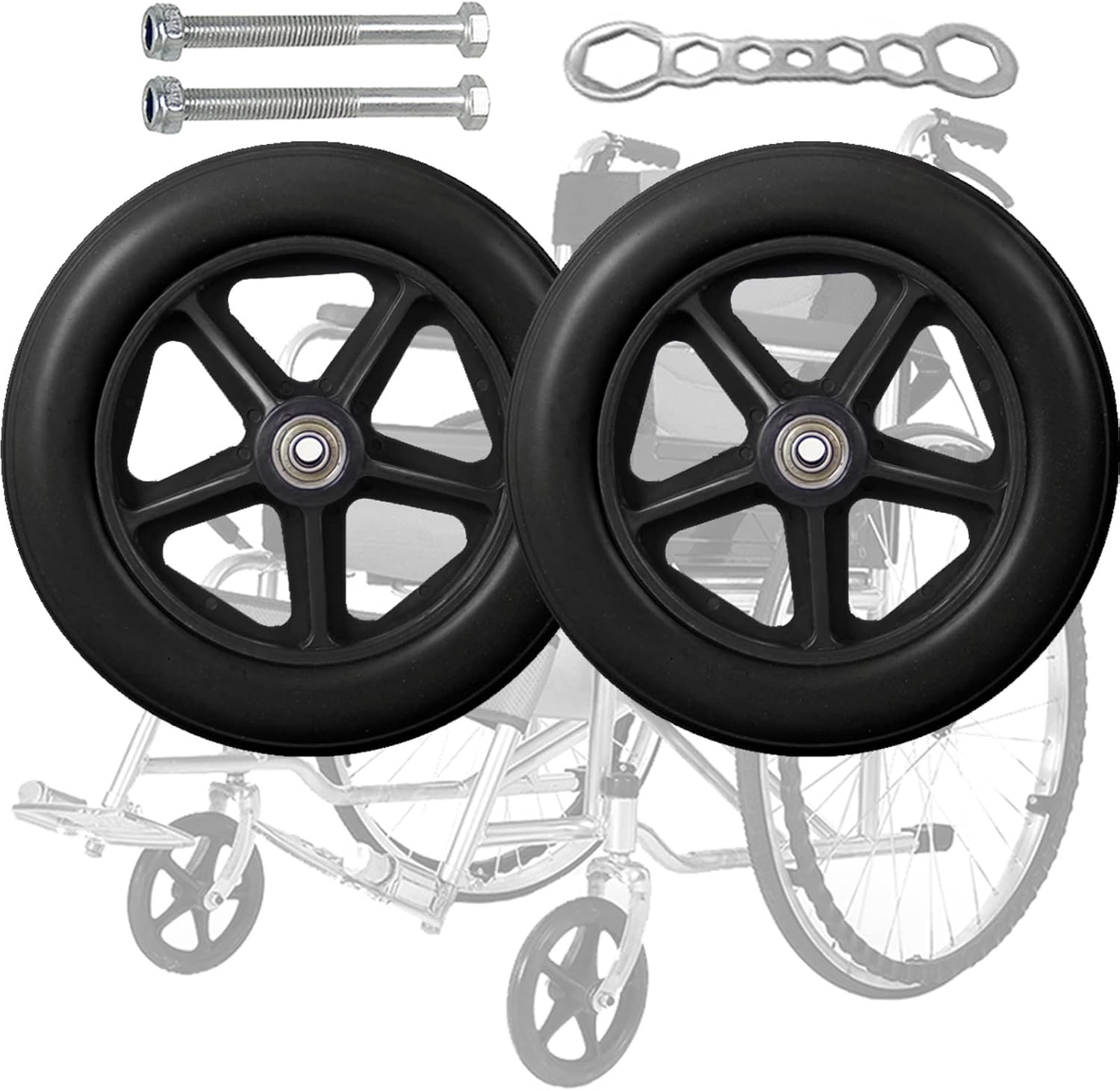 LIGUOYI 2 Pcs Wheelchair Front Caster, 8inch 7inch Solid Tires Front Wheel, Non-Slip & Anti-wear, with 5/16 Inch Bearing, 2-3/8" Hub Width, Casters Wheel Replacement for Walker Wheelchair