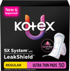 Kotex Ultra Thin Pads with Wings, Regular Absorbency, 50 Count (Packaging May Vary)