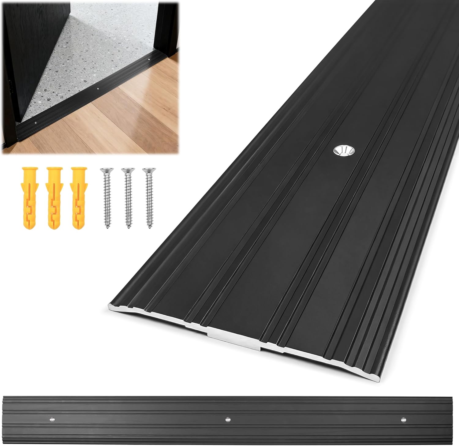 Aluminum Door Threshold - 36" L x 3" W Exterior Floor Transition Strip with Pre Drilled Holes and Expansion Screws, Non-Slip Fluted Saddle Flat Profile Threshold, Prevent Dust & Airflow, Black