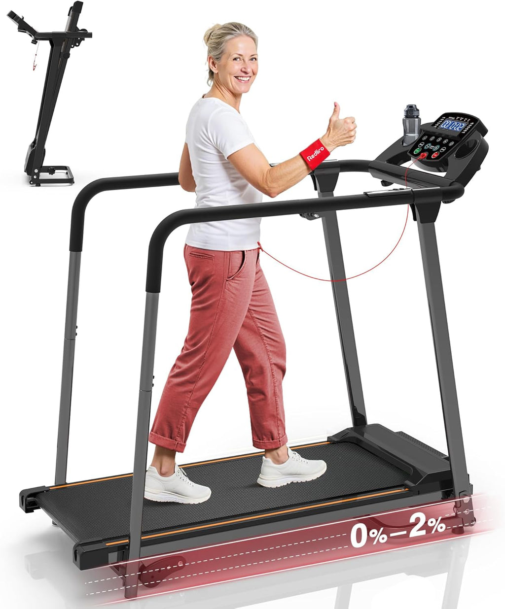 Redliro Walking Treadmill for Seniors - Foldable Senior Treadmill with 0%-2% Incline, Long Handrails - 300 lbs Capacity Home Recovery Fitness Exercise Machine for Elder, Mute & Qucik Speed Button