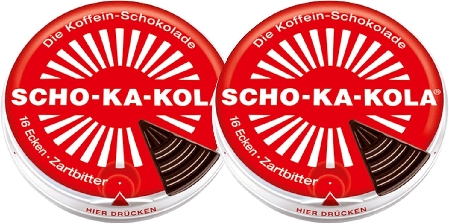 Dark Chocolate SCHO-KA-KOLA with natural Caffeine from Cocoa, Cola-Nut-Powder and Coffee 2 tins x 100 g/Germany