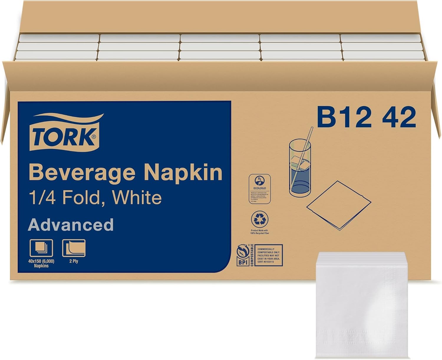 Tork White Soft Beverage Napkin, 1/4 Fold 2-ply, 9.3" x 9.3", 40 x 150 napkins, B1242