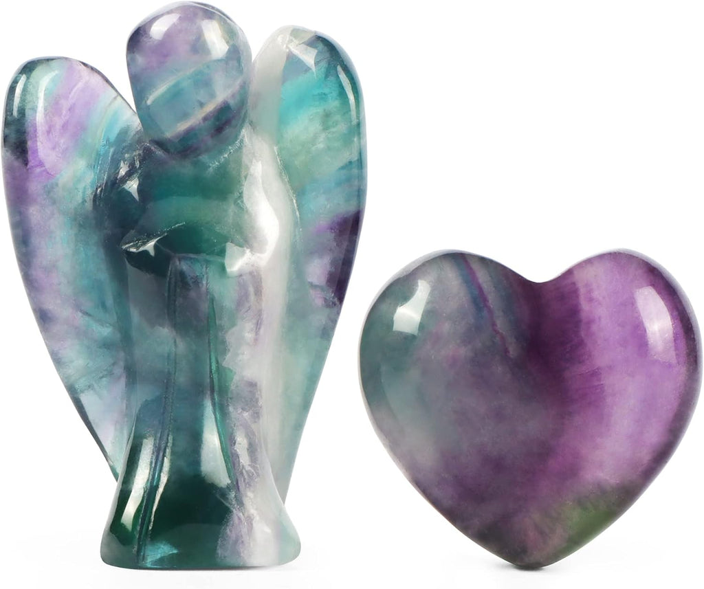 Artistone Rainbow Fluorite Crystal Guardian Angel and Heart Stone Set,Natural Healing Pocket Angel Figurines Small Love Heaven Gemstones for Your Love