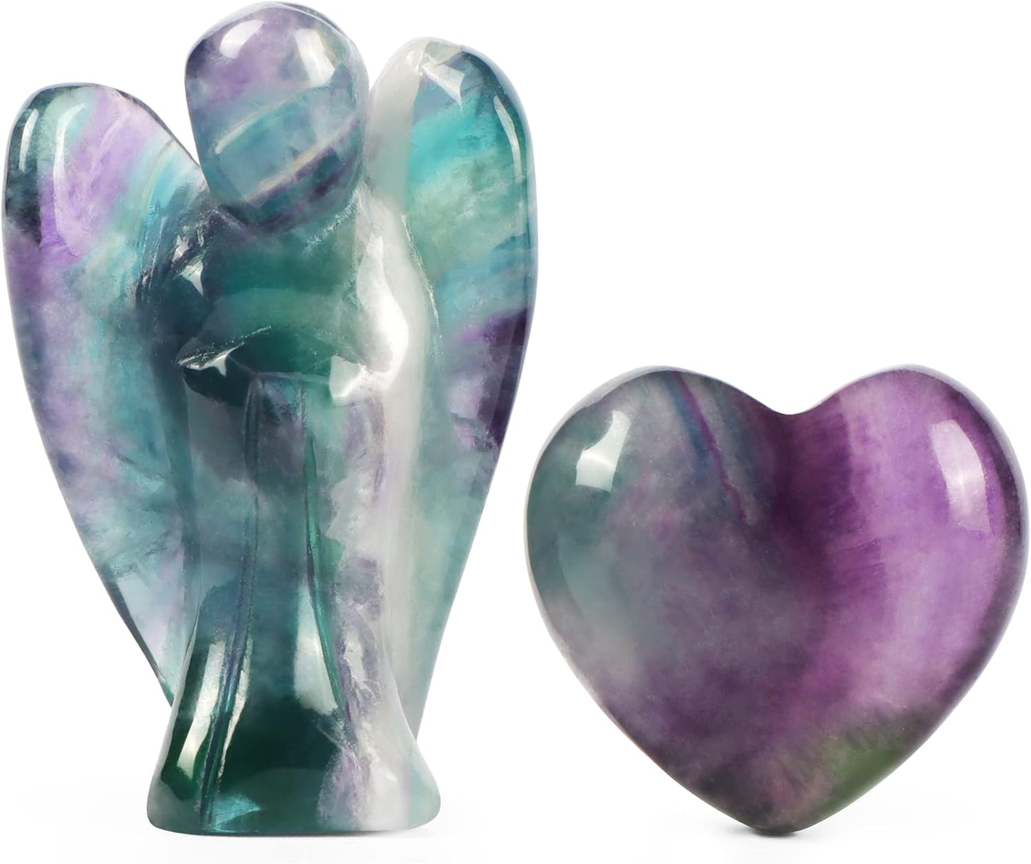 Artistone Rainbow Fluorite Crystal Guardian Angel and Heart Stone Set,Natural Healing Pocket Angel Figurines Small Love Heaven Gemstones for Your Love