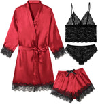 Womens 4 Pcs Lingeries Silk Pajamas Robes Set Sexy Pjs Cami Shorts Satin Sleepwear Lace Loungewear