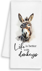 Donkey Kitchen Towels, Life is Better with Donkeys Decorative Dish Towels Gift for Bathroom Kitchen Farmer, Rustic Farmhouse Funny Hand Tea Bar Towel for Home Apartment Dorm Farm 16x24in