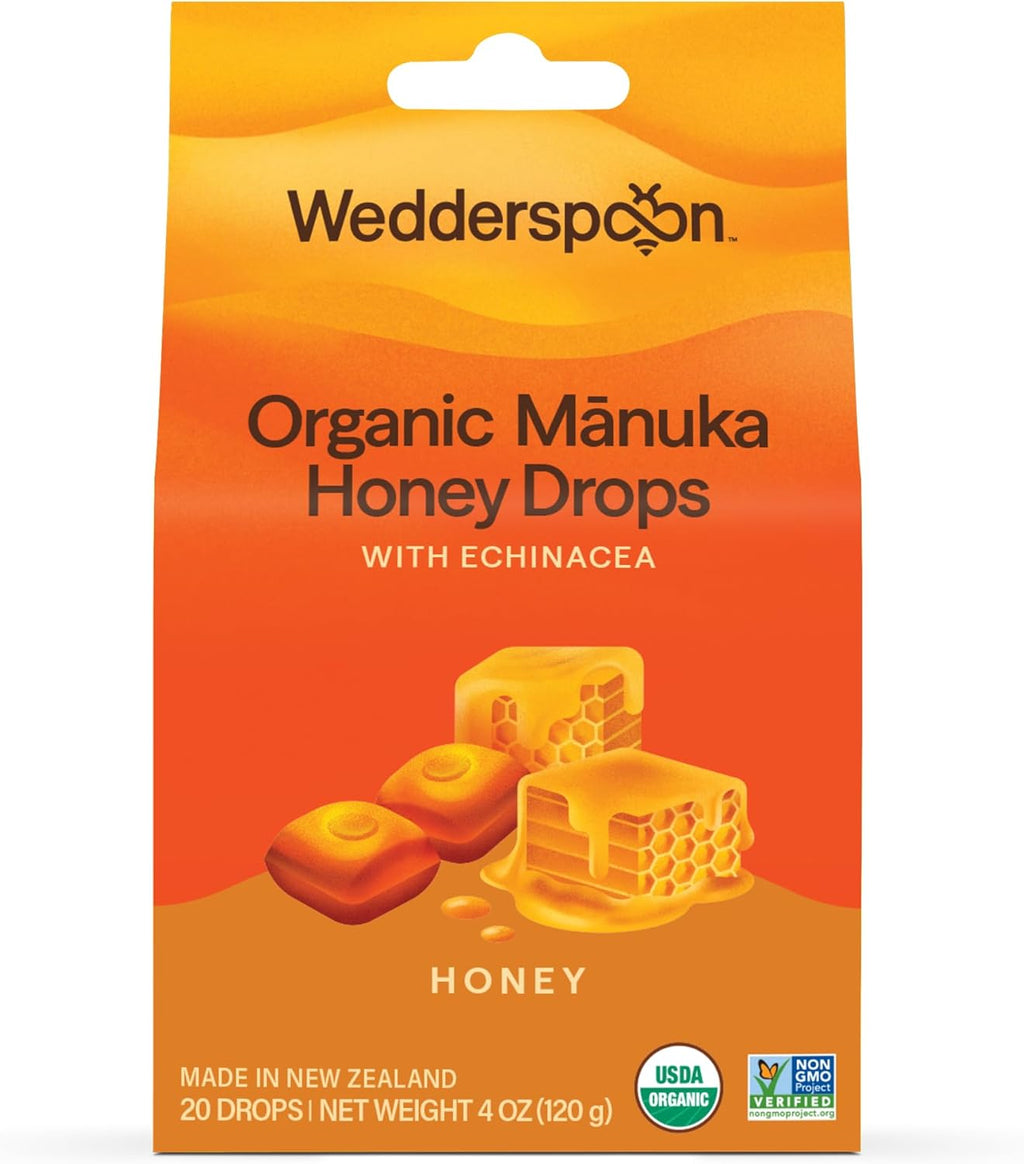 Wedderspoon Organic Manuka Honey Drops, Honey & Echinacea, 20 Count | USDA Organic | Genuine New Zealand Honey, Natural Remedy for Dry Throat