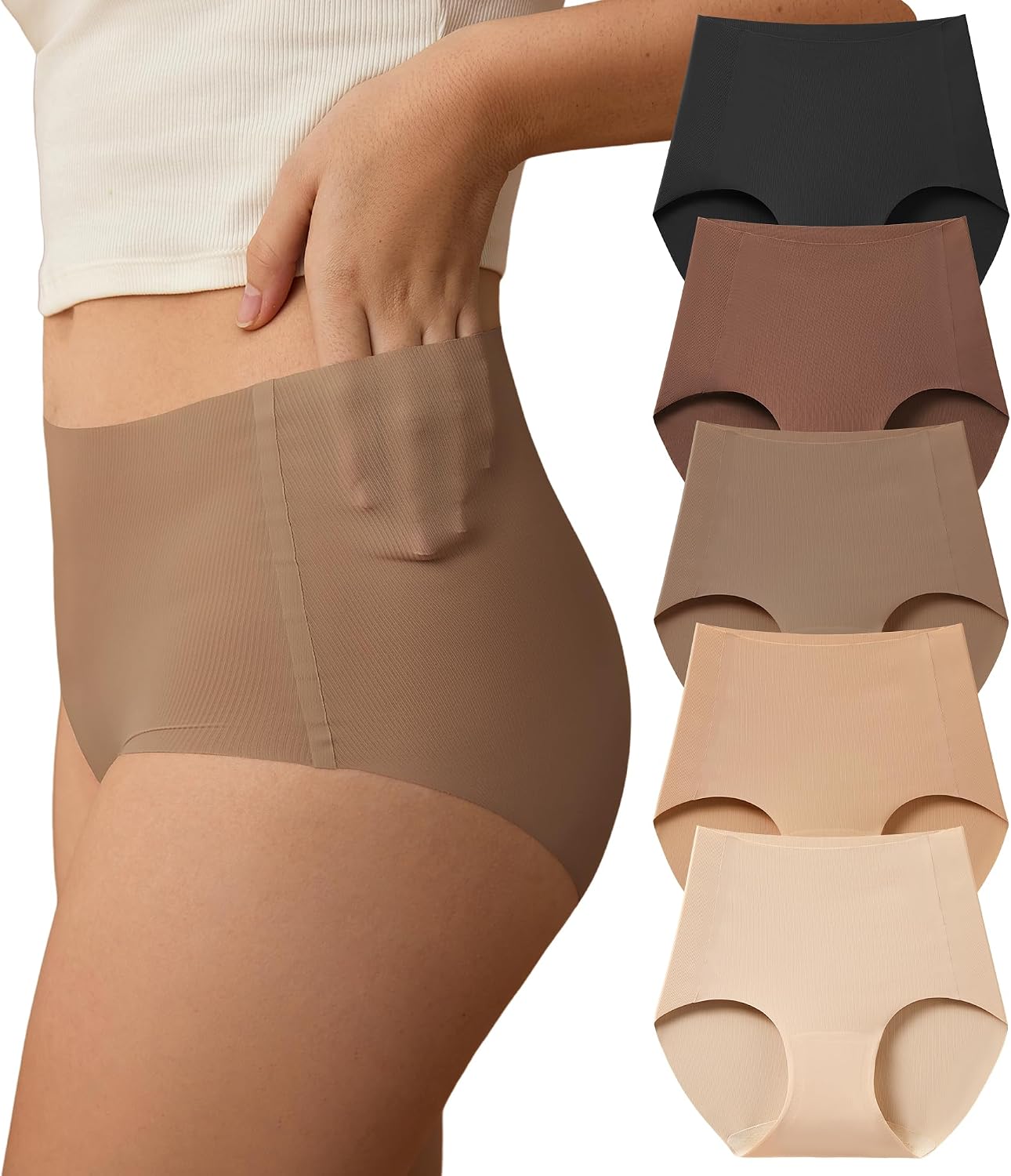 SHARICCA Seamless High Waisted Underwear for Women No Show Full Coverage Panties Nuage Microfiber Briefs Pack
