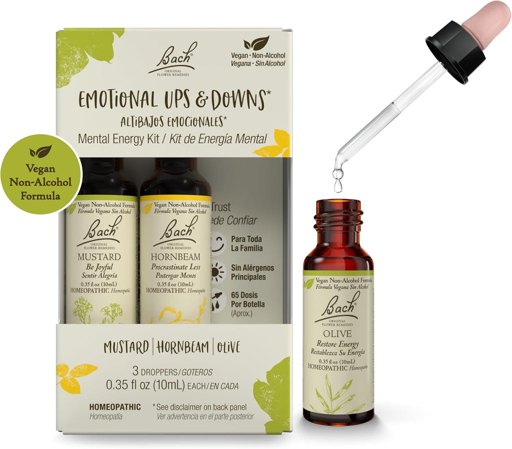 Bach Original Flower Remedies, Emotional Ups & Downs Trio Kit, for Mental Energy (Non-Alcohol Formula), Natural Homeopathic Flower Essence, Vegan, 3 x 10mL Droppers