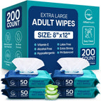 Body Wipes for Adults Bathing No Rinse - Adult Wipes for Elderly 8" x 12" (200 count) Shower No Rinse, Incontinence Disposable Washcloths, Aloe Vera, Vitamin E + 4 individual Packs