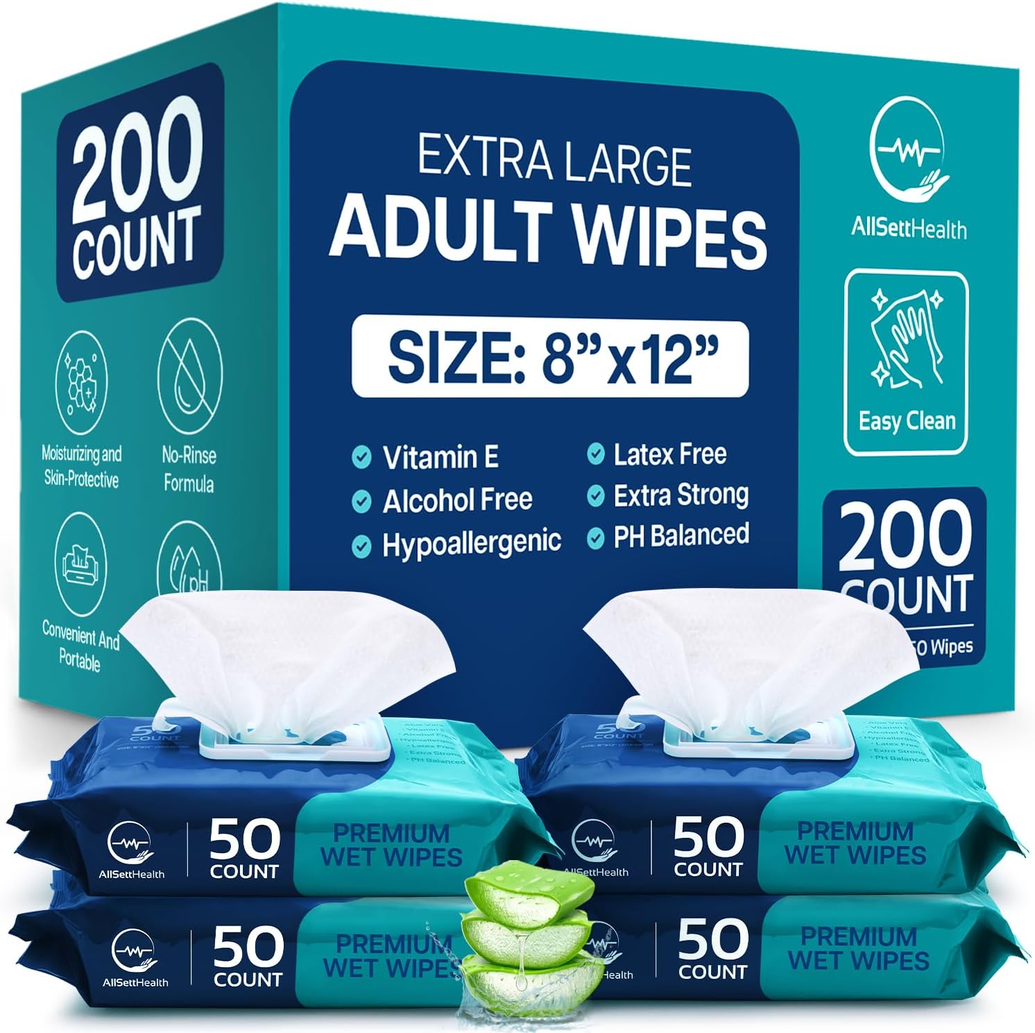 Body Wipes for Adults Bathing No Rinse - Adult Wipes for Elderly 8" x 12" (200 count) Shower No Rinse, Incontinence Disposable Washcloths, Aloe Vera, Vitamin E + 4 individual Packs