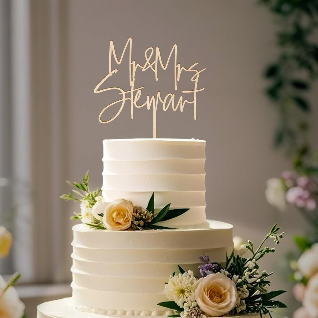 Personalized Mr & Mrs Wedding Cake Topper with Custom Bride and Groom's Last Name Cake Decoration in Wood