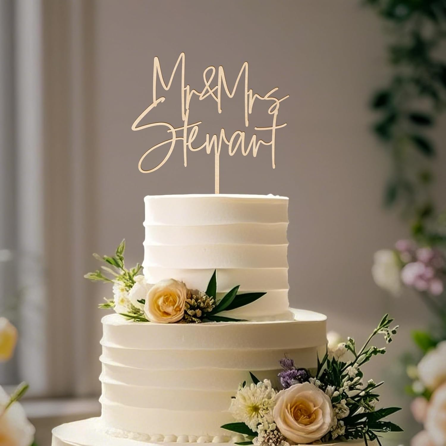 Personalized Mr & Mrs Wedding Cake Topper with Custom Bride and Groom's Last Name Cake Decoration in Wood