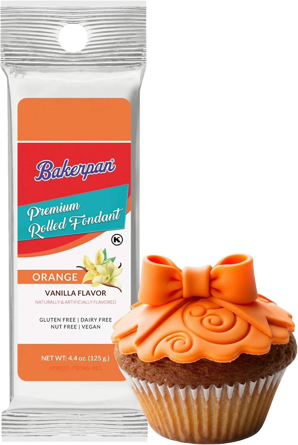 Bakerpan Premium Rolled Orange Fondant for Cake Decorating, Vanilla Flavor - 4.4 Ounces (Made in USA)