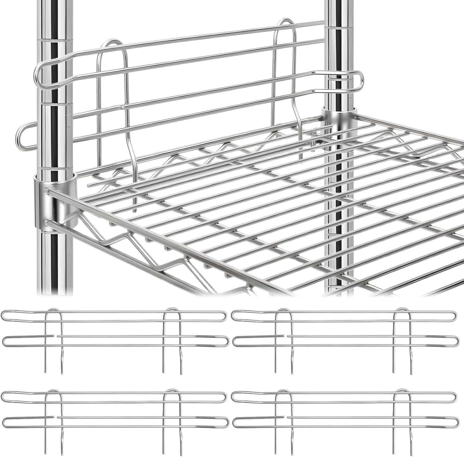 4 Pcs Chrome Wire Shelf Ledge 18" L x 4" H Wire Shelving Side Ledge Metal Shelves Accessories Pantry and Garage Storage (Silver)